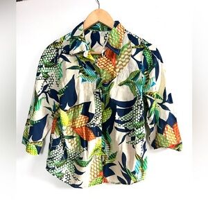 Printed button down shirt blouse tropical flower print collar